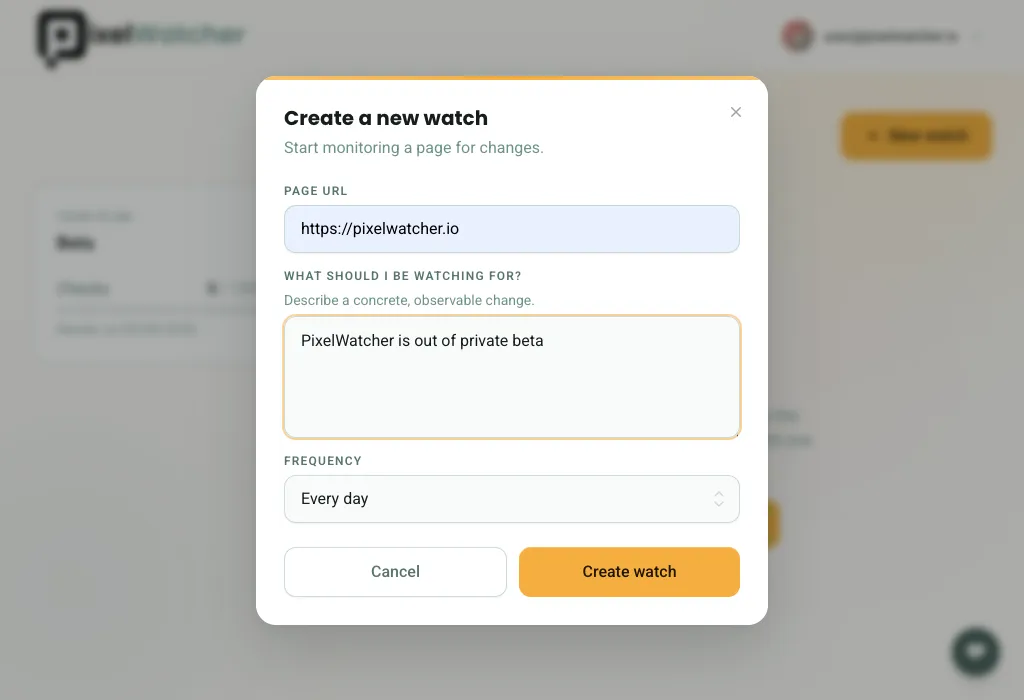 Screenshot of PixelWatcher's watch creation modal