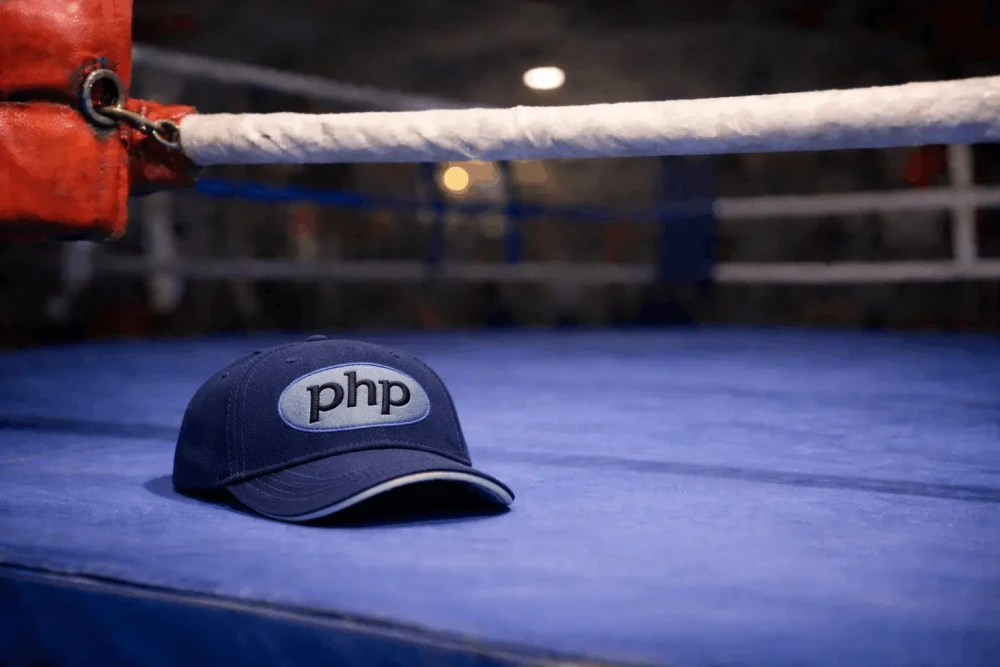 A PHP-branded blue cap on the edge of a boxing ring. Generated with ChatGPT 5.2.