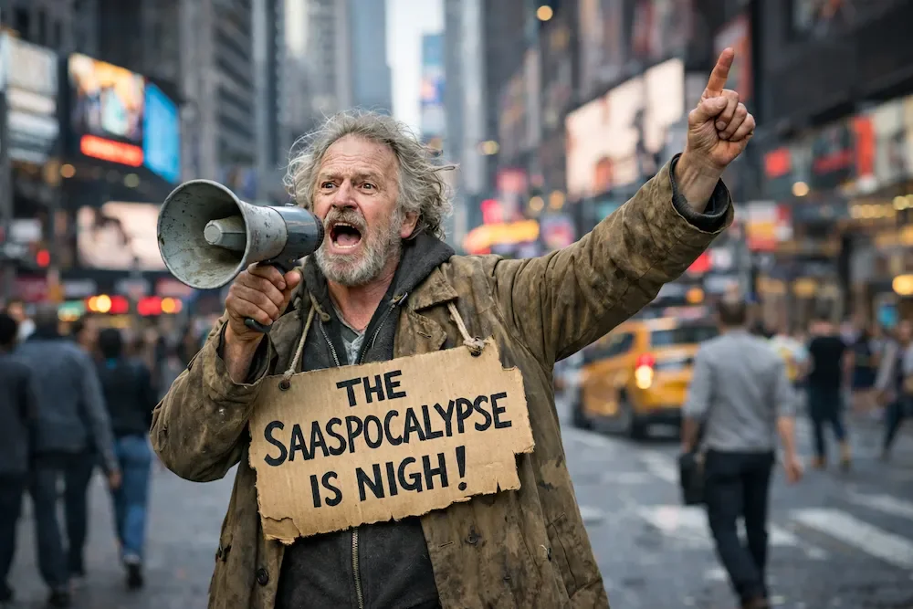 A man is announcing the SaaSpocalypse on the street with a loudspeaker