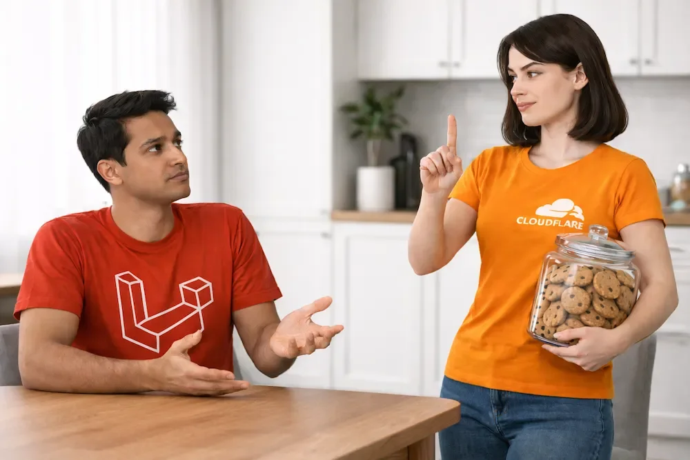 A woman wearing a Cloudflare t-shirt is taking away a cookie jar from her partner, wearing a Laravel t-shirt