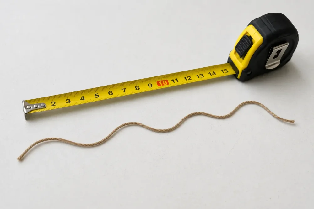 A measuring tape next to a piece of string on a table