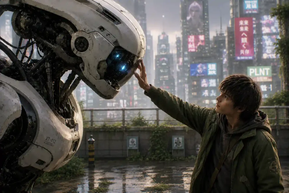 A young man reaching out to touch the head of a large robot in a rainy, neon-lit city